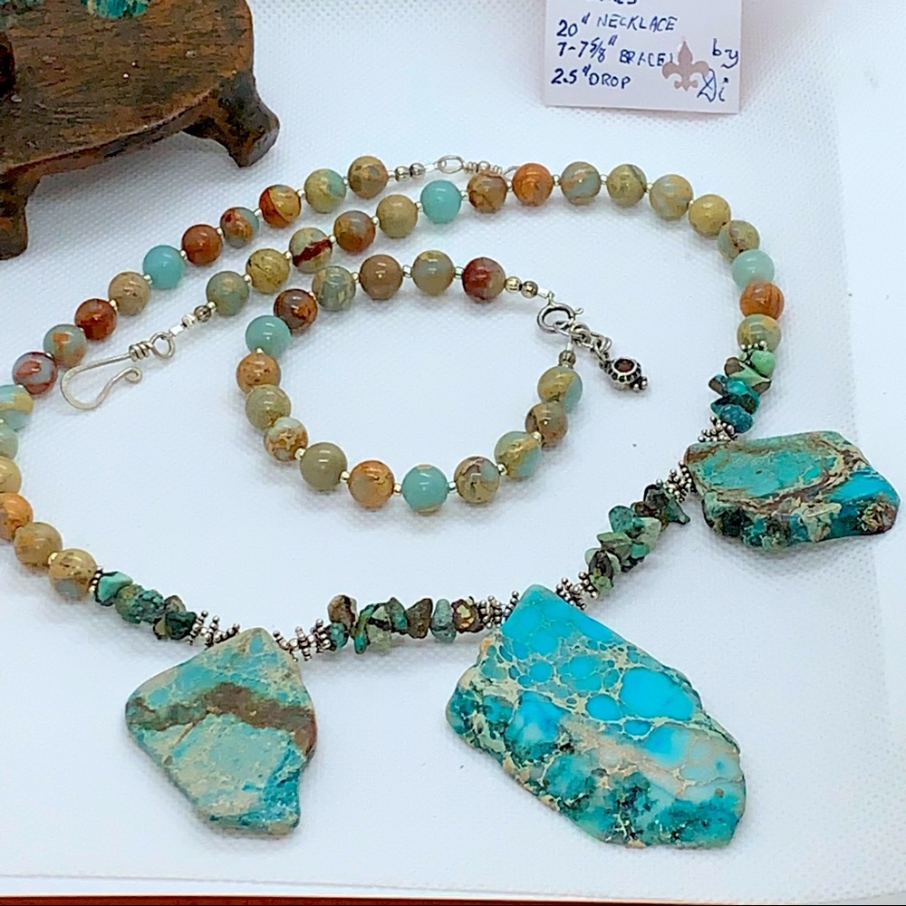 Handcrafted “Seashore” Stone & Sterling Necklace, Bracelet & Earring Set